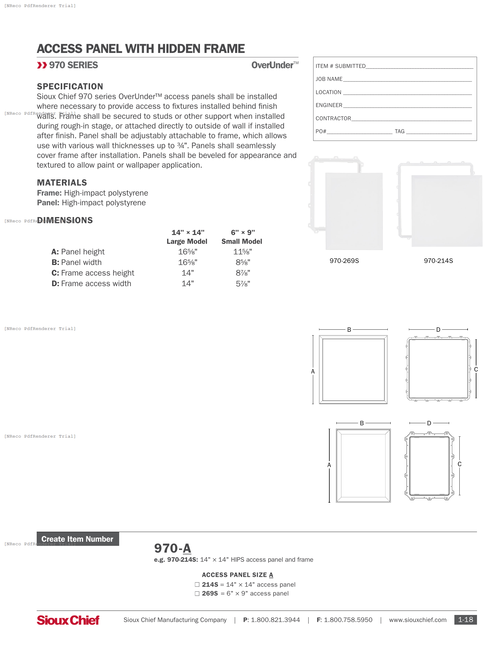 970 SERIES - OVERUNDER ACCESS PANEL - SPEC SHEET.PDF Specification Document